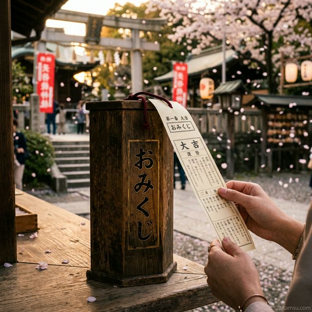 Rút thẻ Omikuji từ hộp gỗ — kết quả Đại Cát tại đền thần