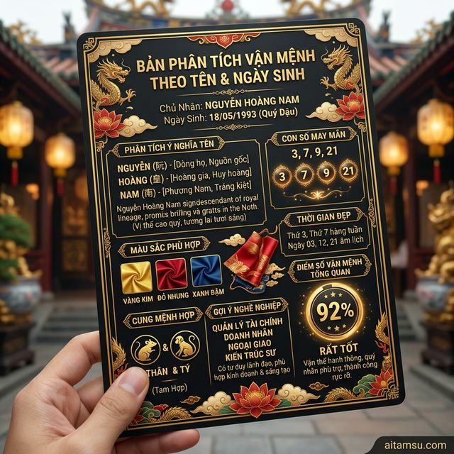 Kết quả phân tích tên và ngày sinh — ý nghĩa, số may mắn, màu sắc, điểm vận mệnh 92%