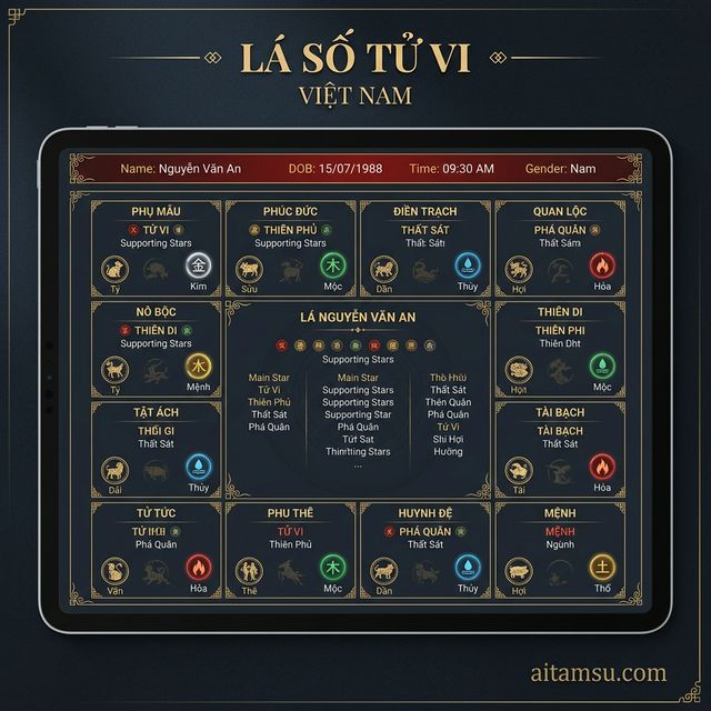 Giao diện lá số tử vi AI — 12 cung với sao chủ mệnh