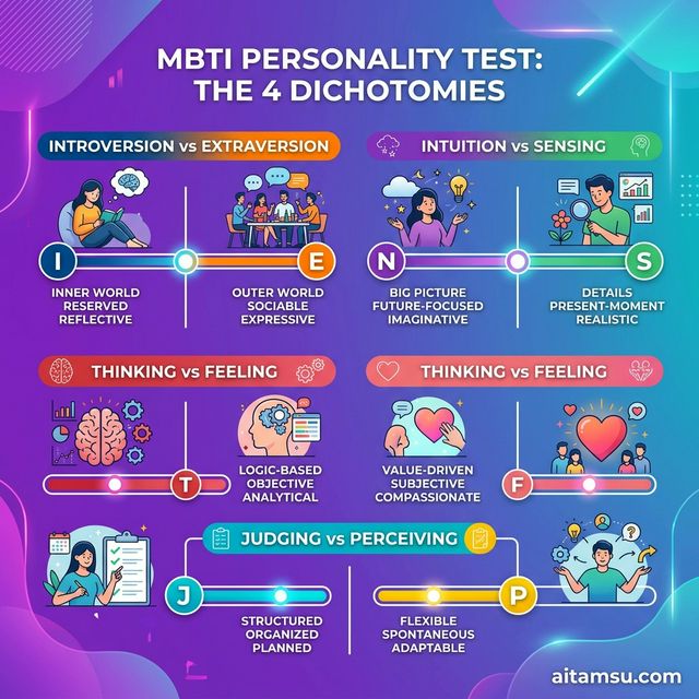 4 cặp đối lập MBTI — Introversion/Extraversion, Intuition/Sensing, Thinking/Feeling, Judging/Perceiving