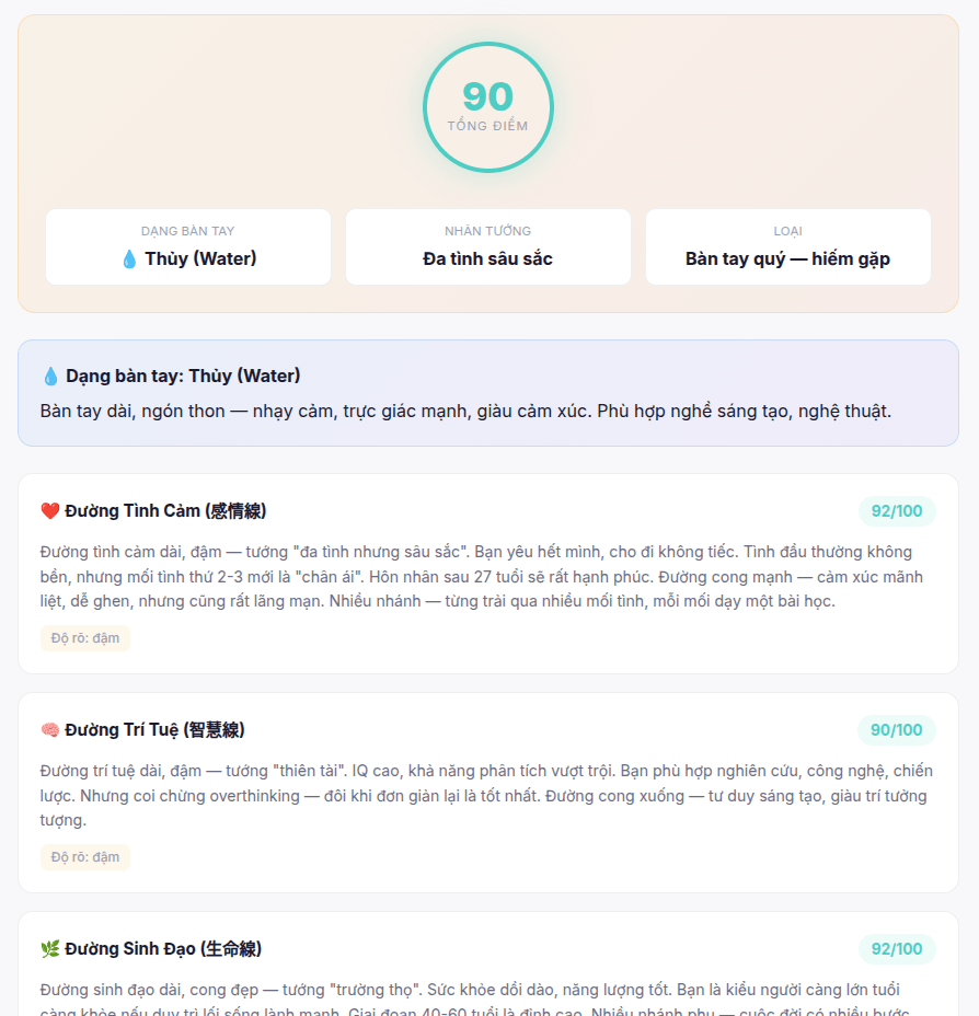 Kết quả xem chỉ tay AI — điểm tổng hợp 90, phân tích chi tiết Đường Tình Cảm 92 điểm, Đường Trí Tuệ 90 điểm